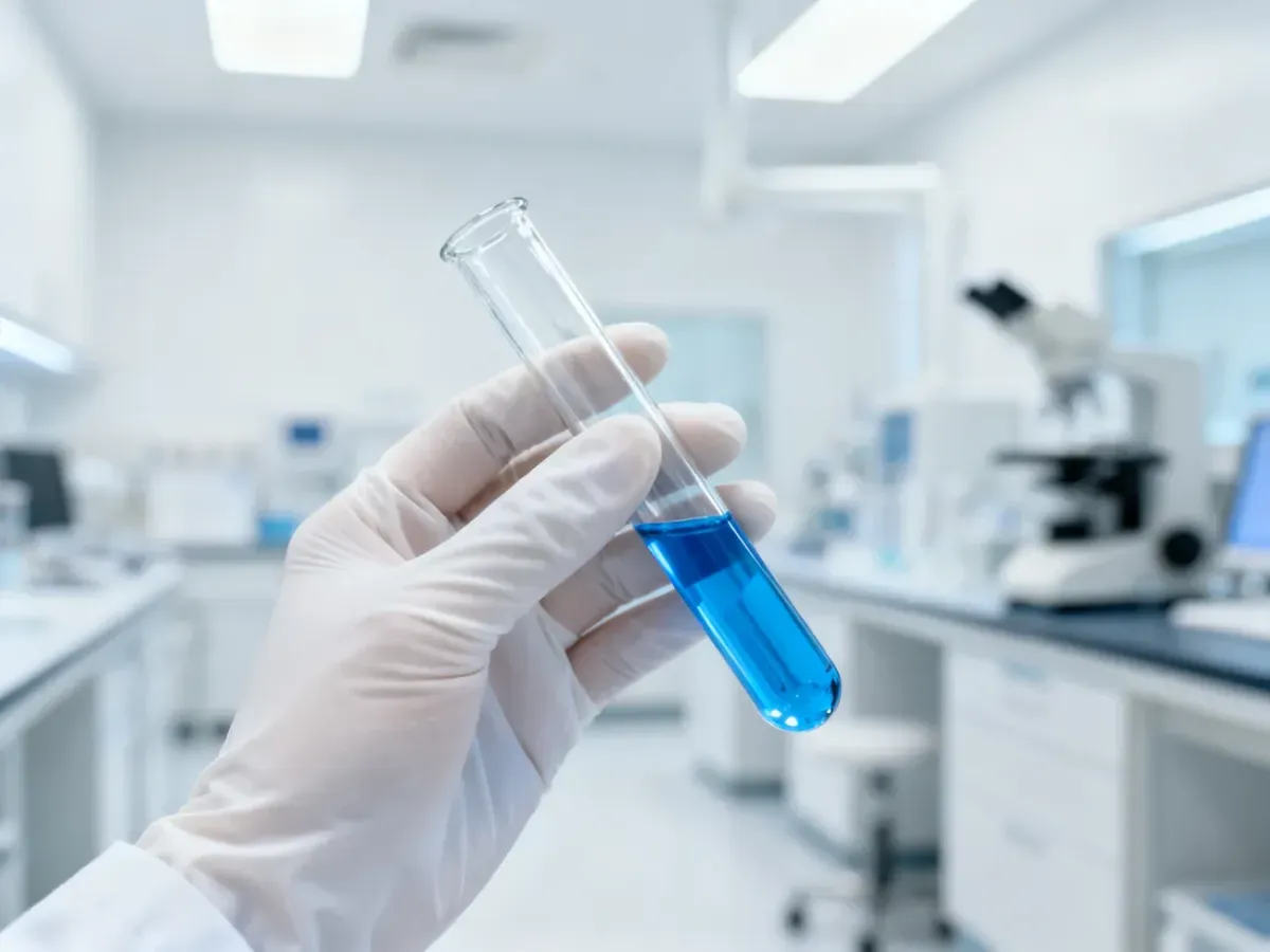 Pracownik laboratorium w białych rękawiczkach trzyma probówkę z próbką w nowoczesnym, sterylnym wnętrzu szpitalnym.