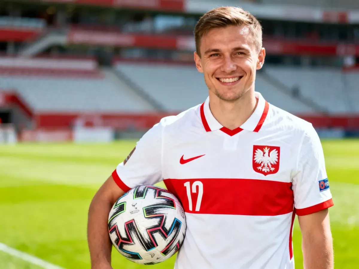 Bartosz Bereszyński uśmiecha się na murawie, w biało-czerwonej koszulce, trzyma piłkę pod pachą przed meczem.