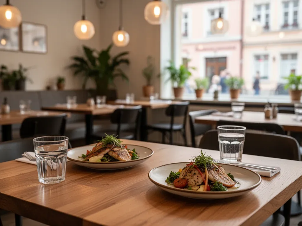 Przytulne, nowoczesne wnętrze restauracji w Luboniu z nakrytym drewnianym stołem, gotowe na spokojny posiłek na mieście.