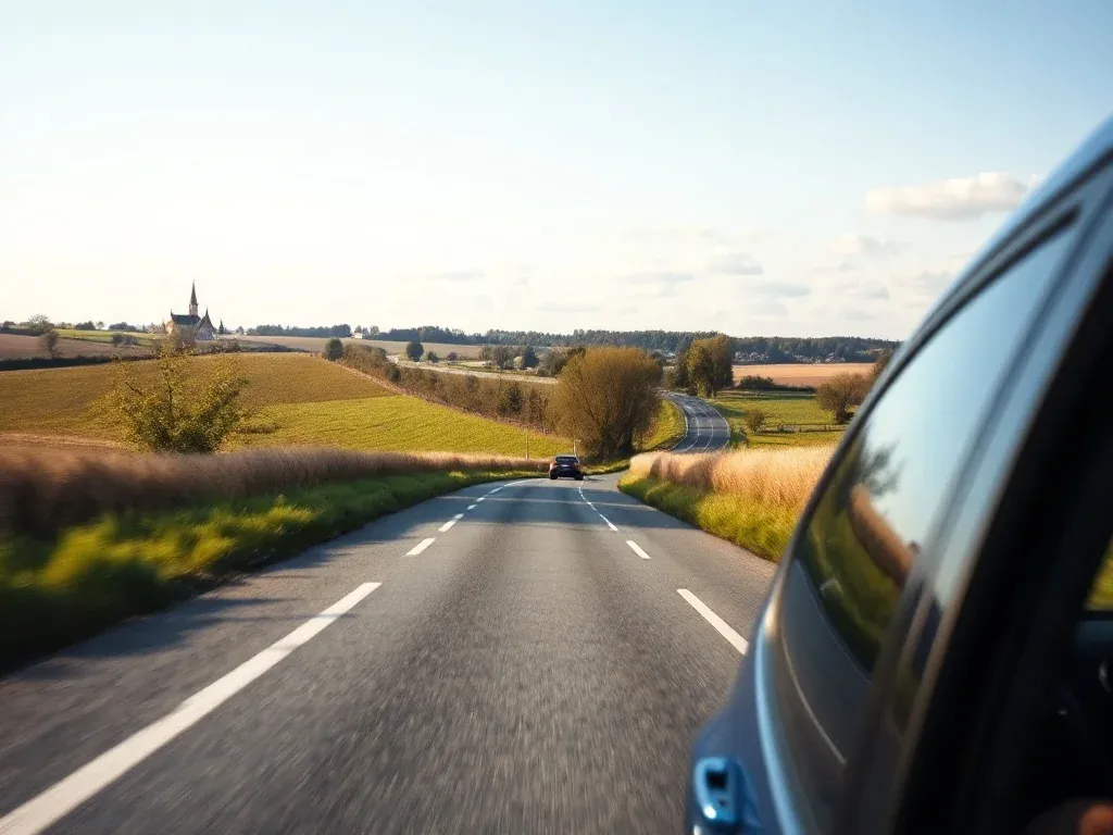 Niebieskie auto jedzie krętą szosą przez słoneczną wielkopolską wieś w kierunku małego miasteczka na horyzoncie.