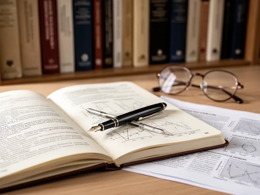 Notes z piórem wiecznym na biurku, w tle książki naukowe i okulary, podkreślające naukowy dorobek Wojciecha Adamskiego