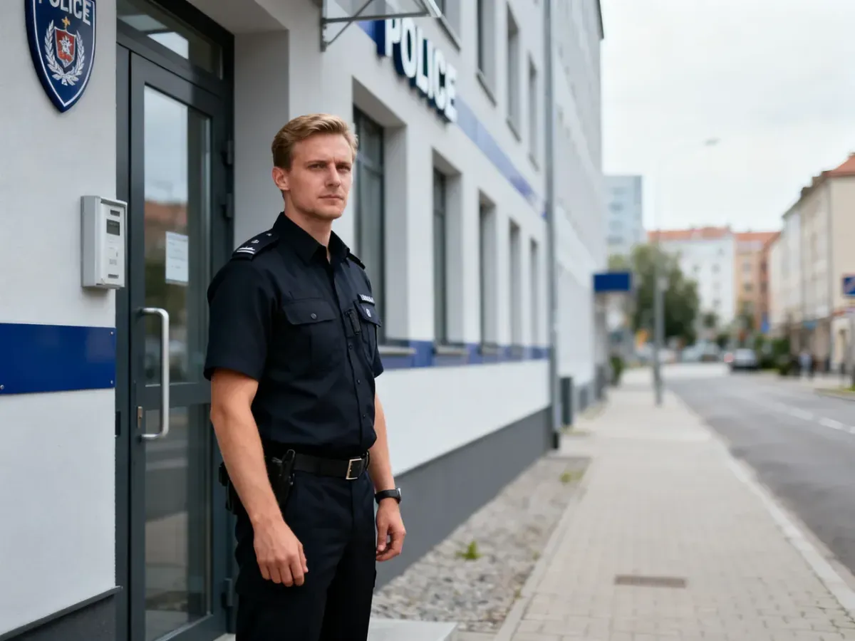 Budynek Komendy Miejskiej Policji w Poznaniu z funkcjonariuszem stojącym przed wejściem.