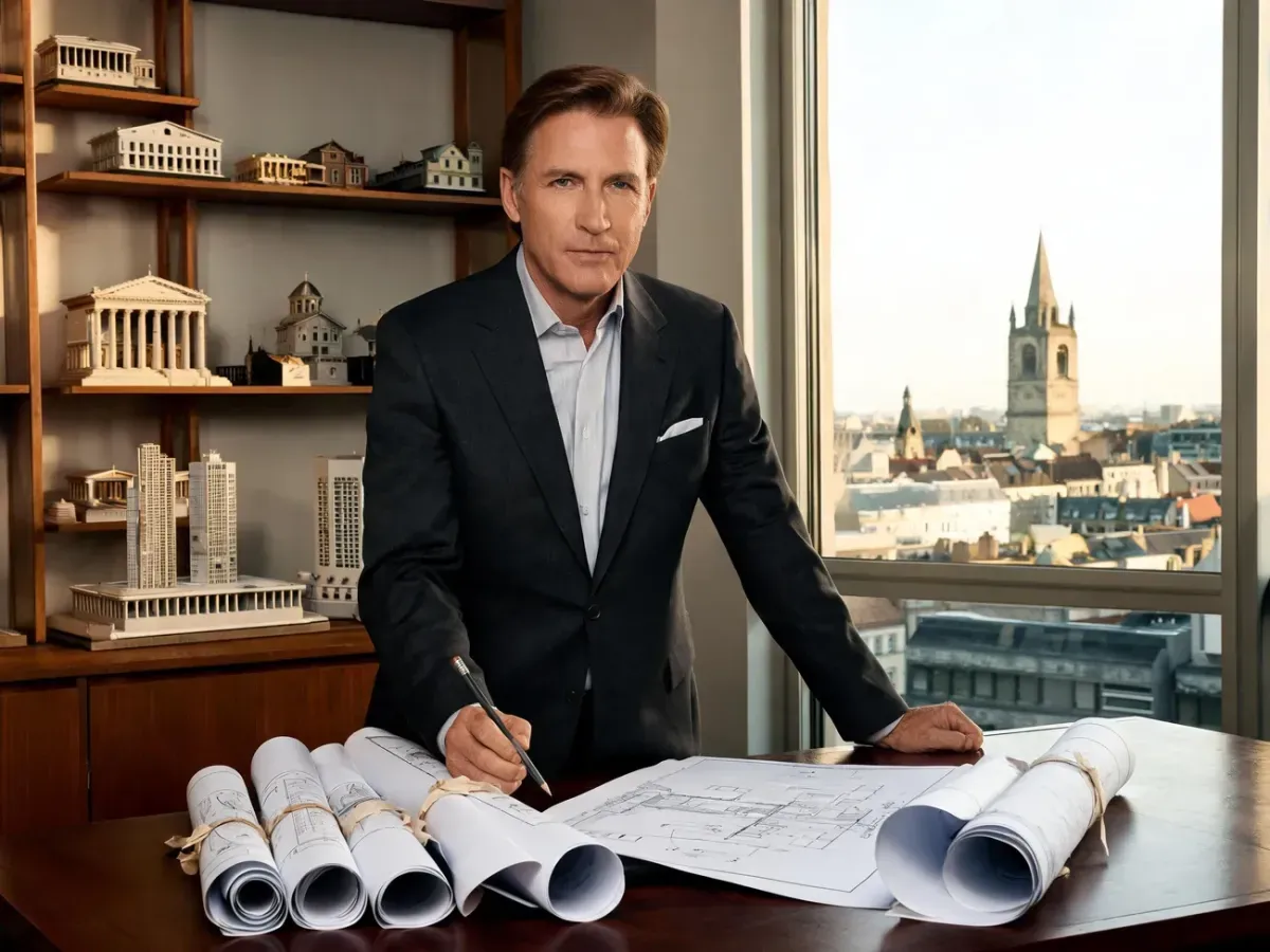 Architekt Józef Baranowski przy biurku z planami i modelami budynków, w jasnym, profesjonalnym studio z widokiem na miasto