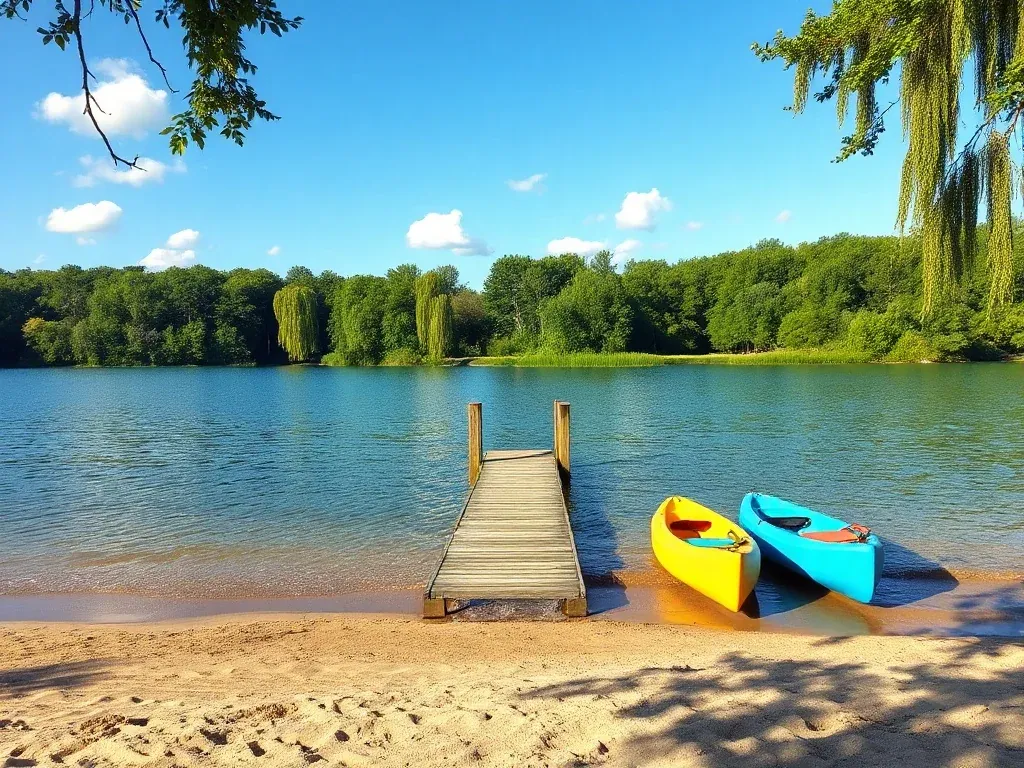 Słoneczny letni dzień nad jeziorem Winiary, piaszczysta plaża, pomost i kolorowe kajaki w spokojnej, relaksującej scenerii.