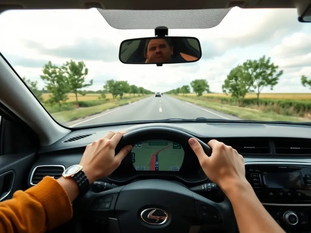Kierowca prowadzi auto według nawigacji GPS, jadąc spokojną, dwupasmową drogą między miastami wśród pól i drzew.