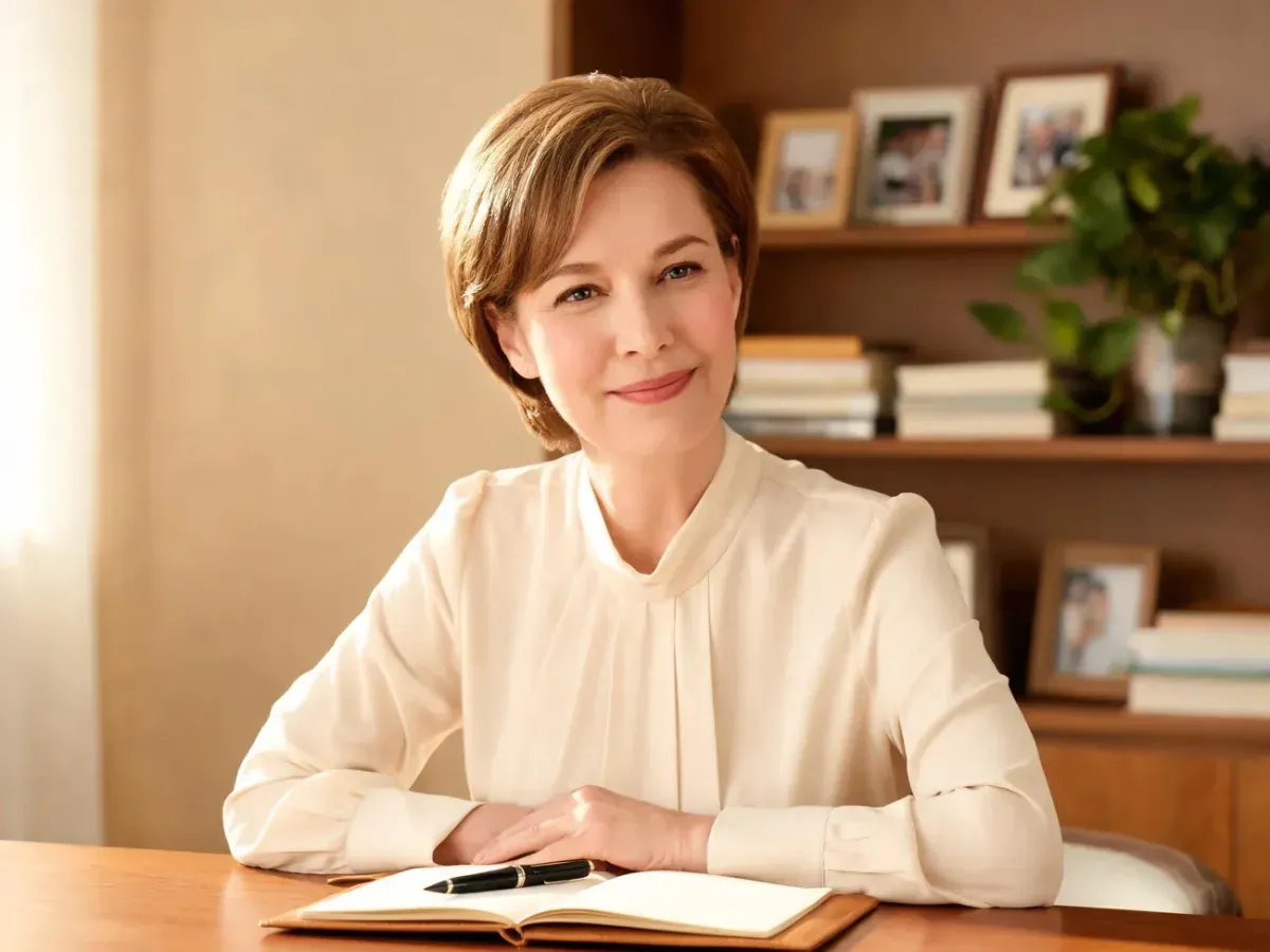 Grażyna Banaszkiewicz siedzi przy biurku z notesem, uśmiechnięta w przytulnym, domowym wnętrzu w ciepłym świetle.
