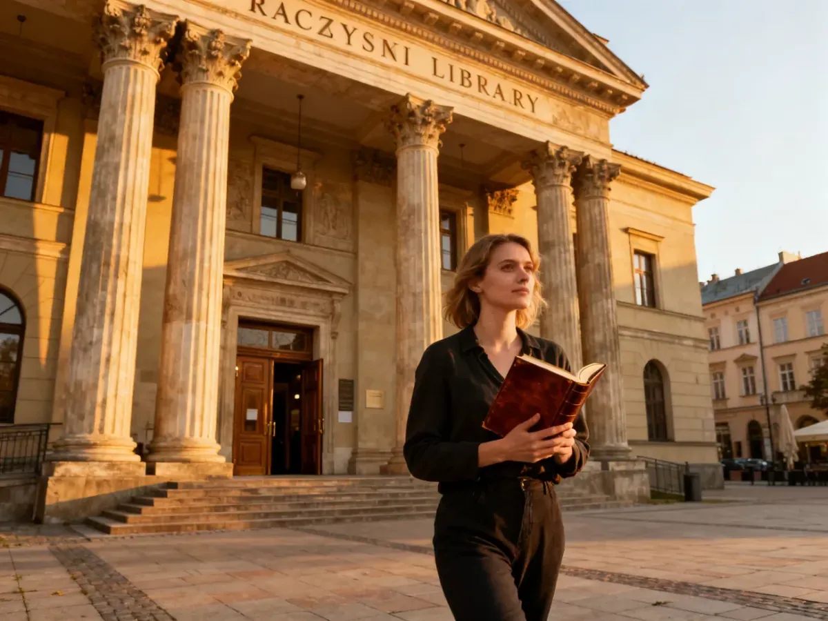 Neoklasycystyczna fasada Biblioteki Raczyńskich w Poznaniu z kobietą wchodzącą do budynku z książką w dłoni.
