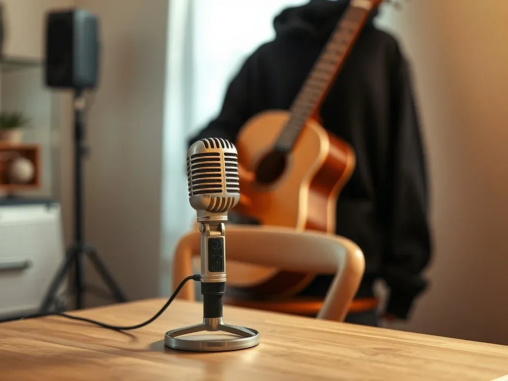 Stary mikrofon i gitara w ciepłym świetle, tworzące kameralny, twórczy nastrój muzyczny związany z Krzysztofem Grabażem