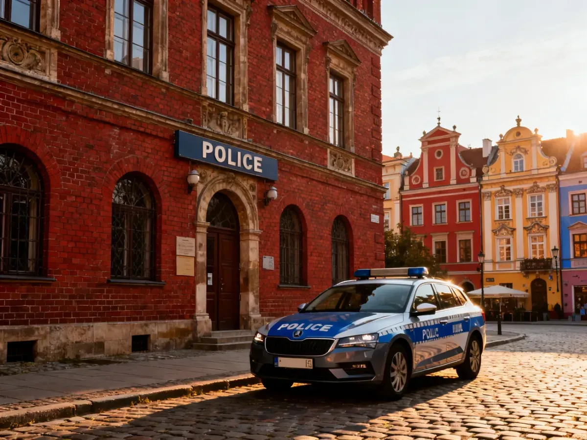 Zabytkowy budynek komisariatu policji na Starym Mieście w Poznaniu z radiowozem zaparkowanym na brukowanej ulicy.