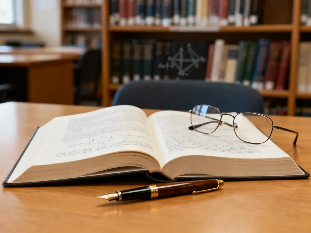 Otwarta książka akademicka z piórem i okularami na biurku w gabinecie uniwersyteckim, tło z książkami z matematyki i statystyki