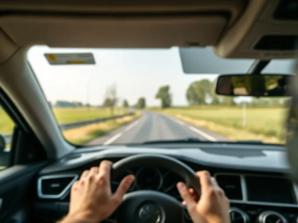 Kierowca prowadzi samochód spokojną wiejską drogą, korzystając z nawigacji GPS w trakcie trasy Konin–Kalisz.