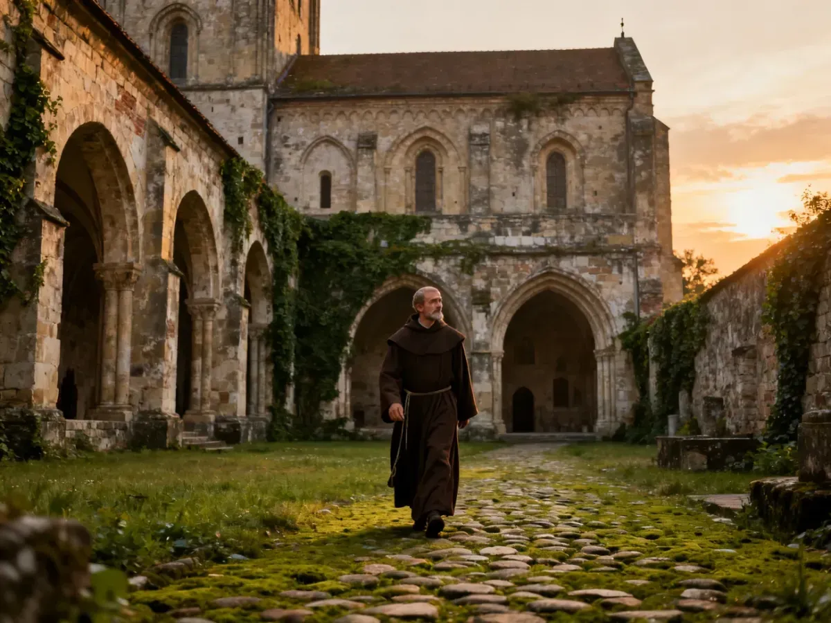 Mnich spacerujący po dziedzińcu zabytkowego klasztoru w blasku zachodzącego słońca. Widok na romańską architekturę obiektu.