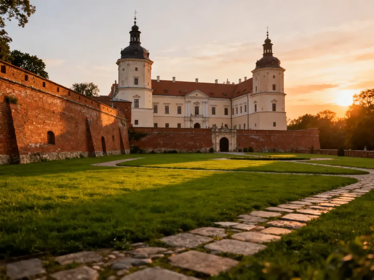 Zabytkowy zamek w Janowie Podlaskim w promieniach zachodzącego słońca z widocznym dziedzińcem i historyczną architekturą.