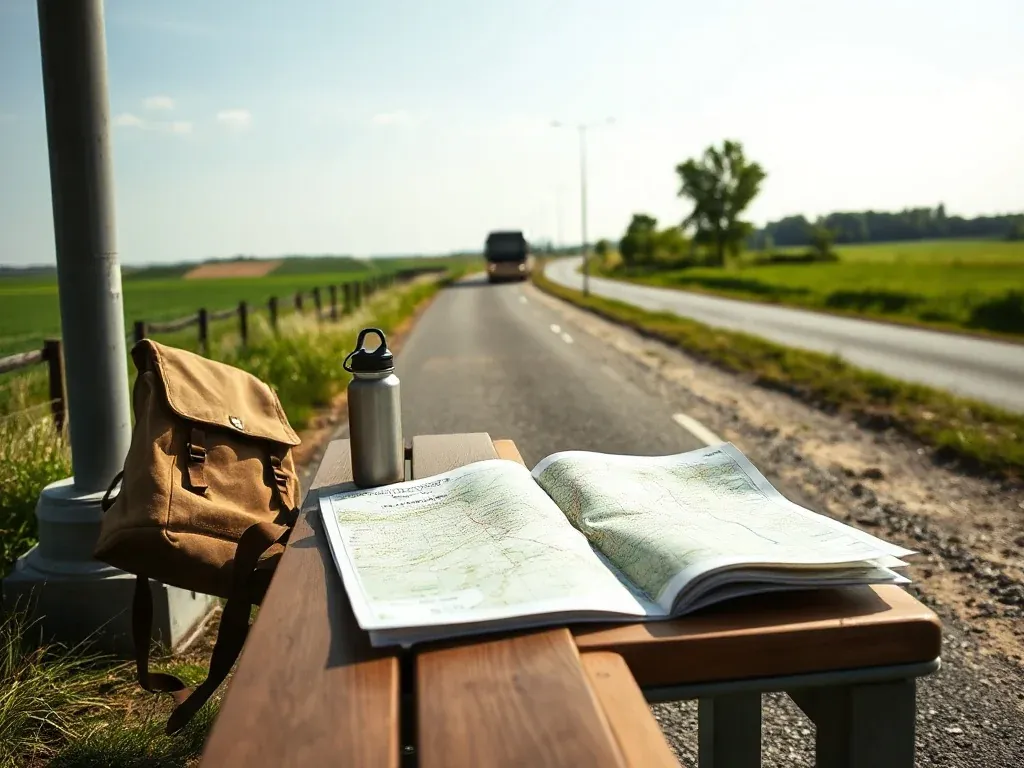 Podmiejski przystanek z mapą, plecakiem i autobusem w oddali, symbolizujący podróż z Kalisza do Ciechocinka.