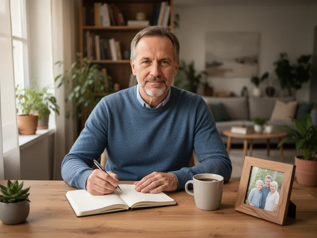 Stefan Andrzejewski przy biurku w domowym gabinecie, z notatnikiem, kawą i zdjęciem rodzinnym, w ciepłej, spokojnej atmosferze.