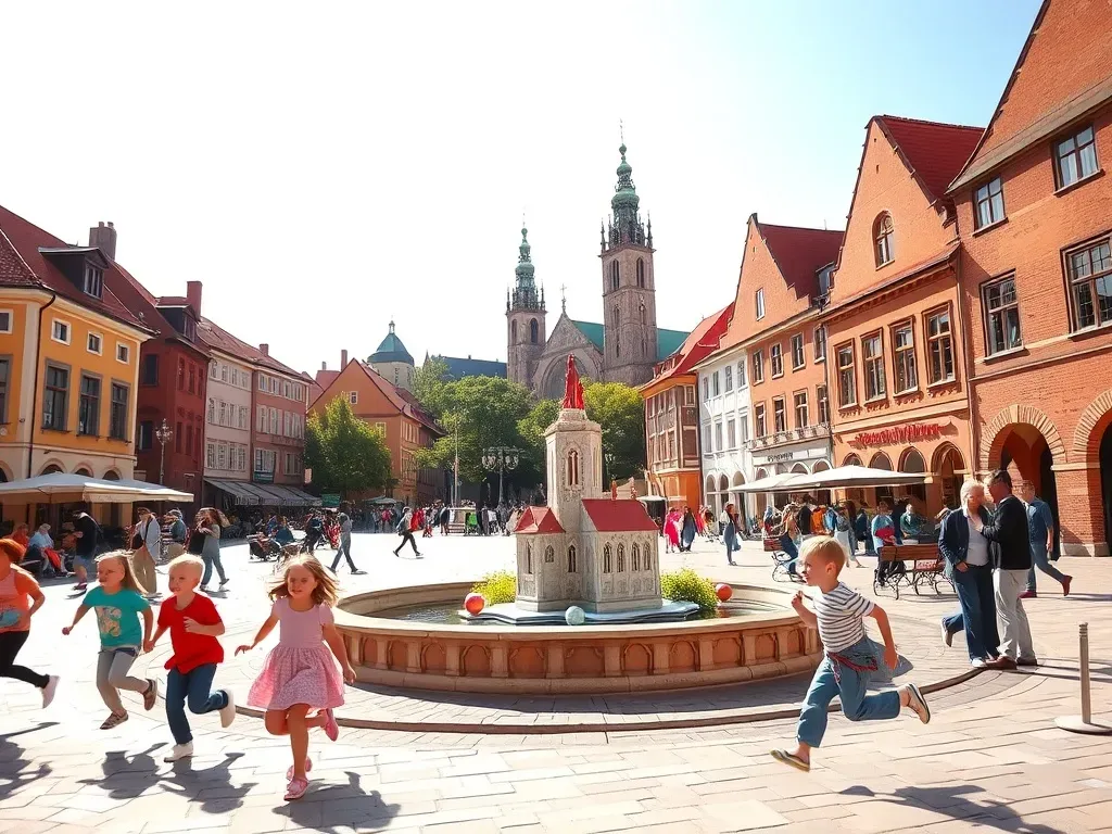 Dzieci bawią się przy kolorowej fontannie i makiecie katedry na gnieźnieńskim rynku w słoneczny dzień, rodzinna atmosfera.