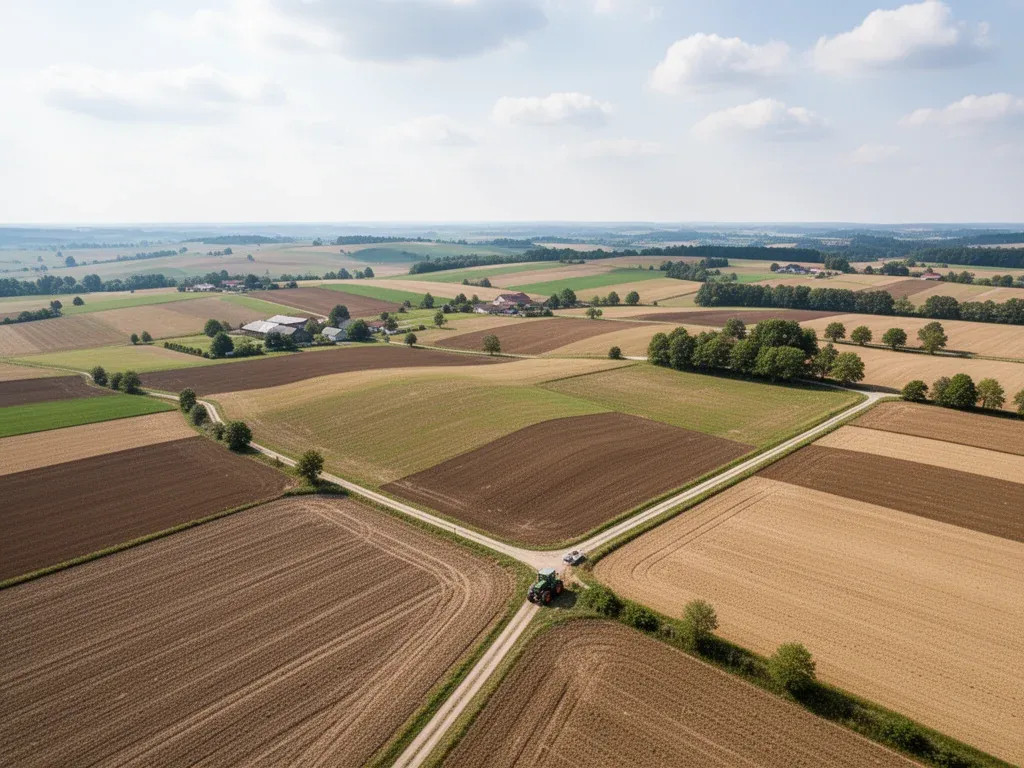 Mozaika pól uprawnych w Wielkopolsce z traktorem, pokazująca charakterystyczny krajobraz rolniczy regionu.