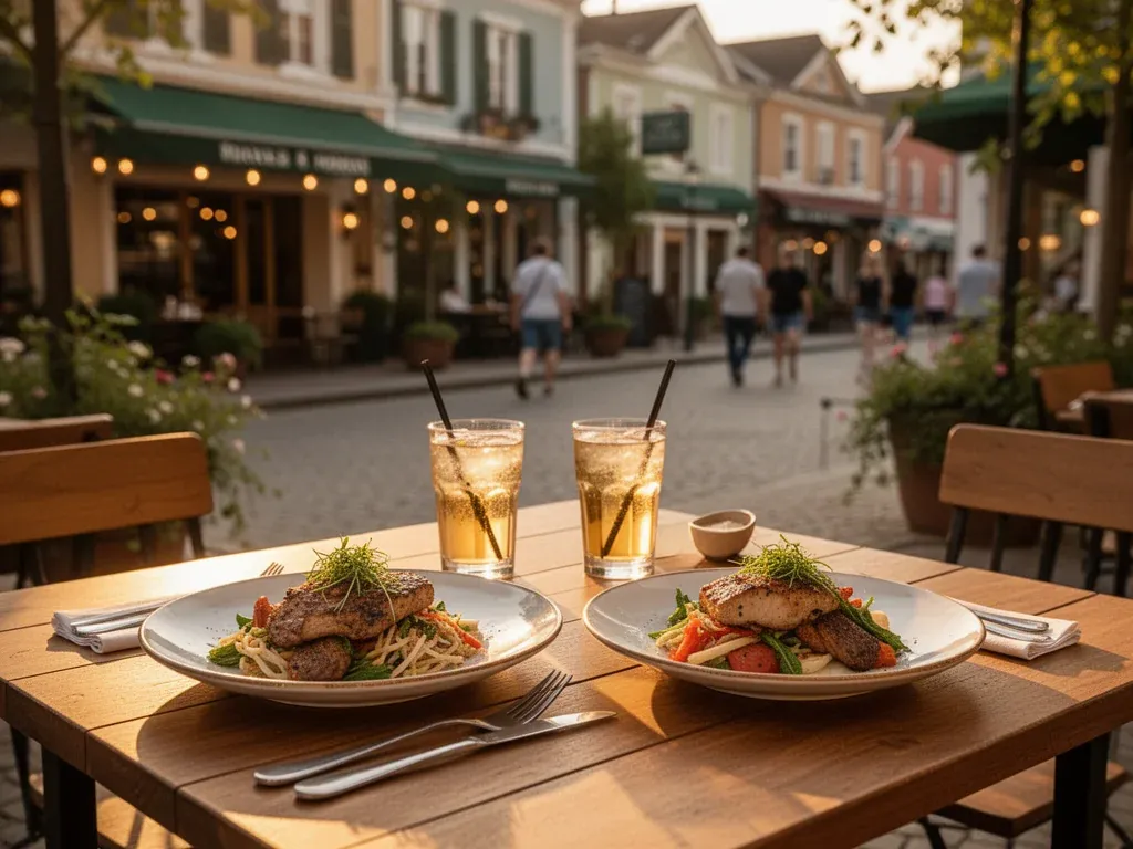 Przytulny stolik w restauracji na zewnątrz z apetycznymi daniami, w tle urokliwa uliczka Wrześni z kilkoma lokalami.