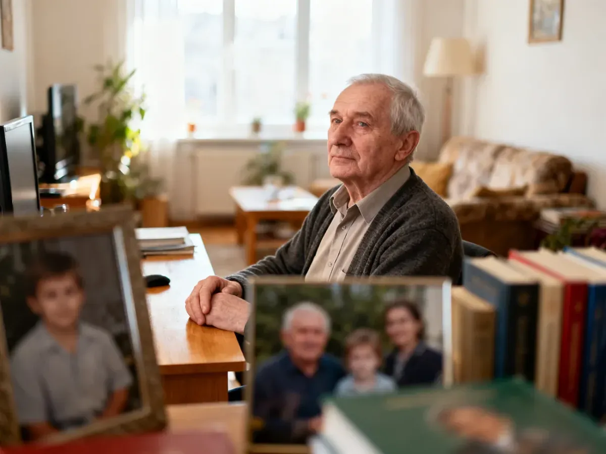 Henryk Balbierz przy biurku, zamyślony w przytulnym, jasnym pokoju, w otoczeniu rodzinnych zdjęć i książek