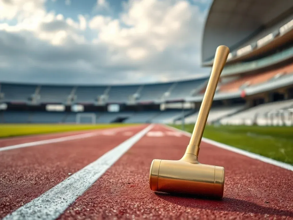 Złoty młot lekkoatletyczny leży na bieżni stadionu, symbolizując karierę Szymona Ziółkowskiego.