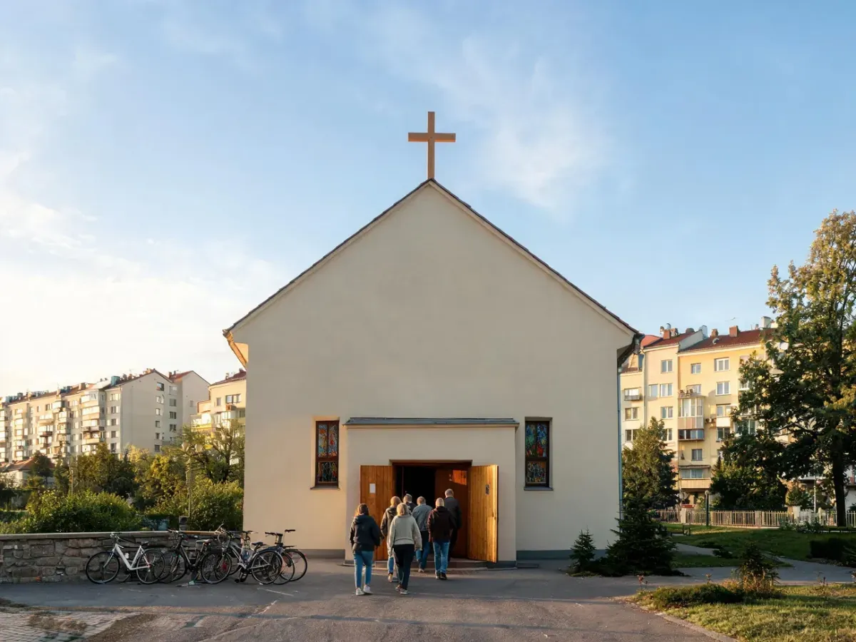 Wejście do jasnego kościoła św. Moniki w Poznaniu, wierni wchodzą na mszę, spokojne osiedle i drzewa w tle.