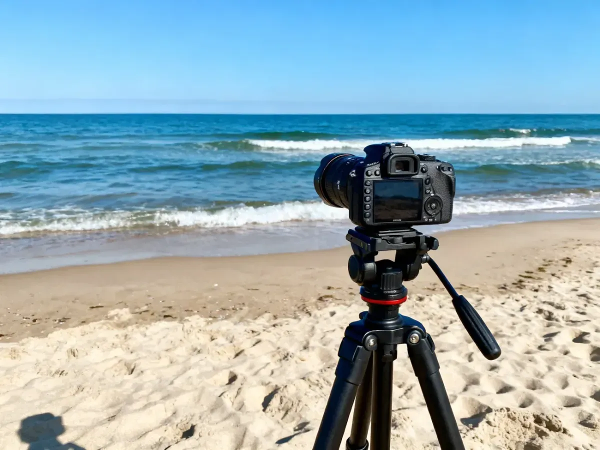 Kamera na statywie skierowana na spokojną, słoneczną plażę w Chłopach z widokiem na Bałtyk.